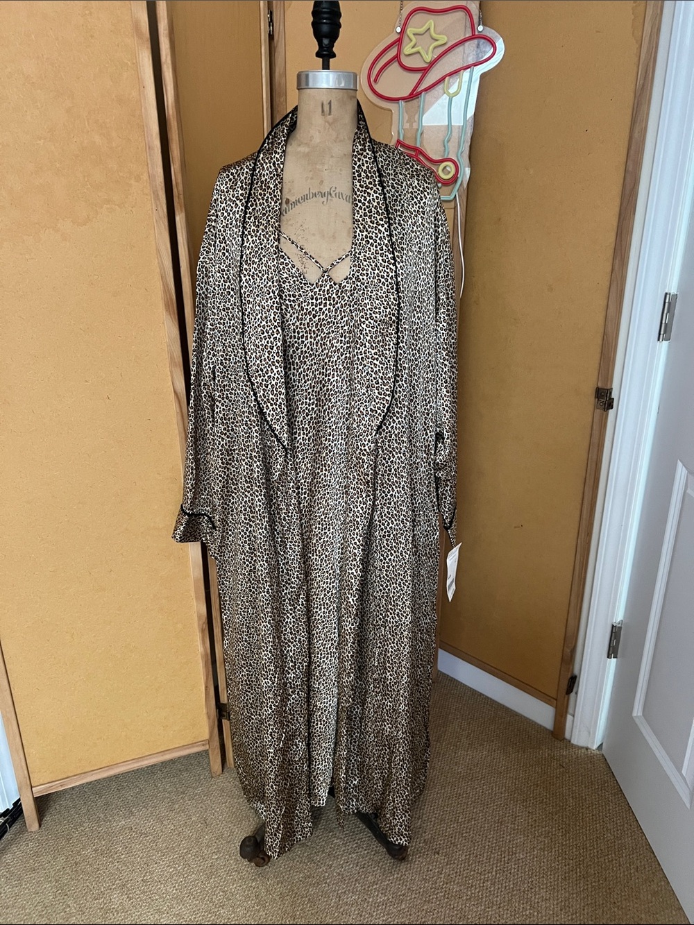Leopard Print Silk Midi Chemise with Matching Robe - Beige/Black - Picture 2 of 10
